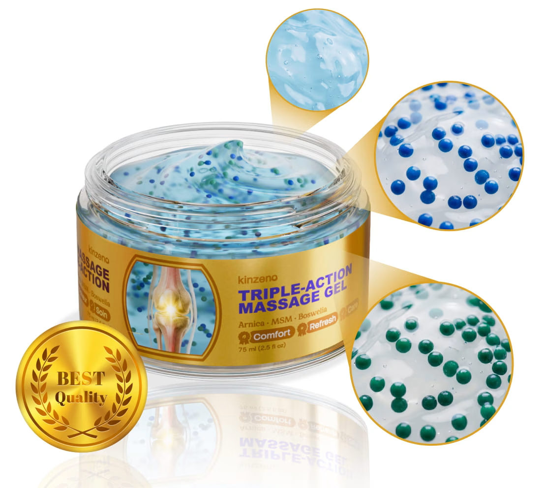 Open Kinzeno Massage Gel jar showing its blue and green gel beads