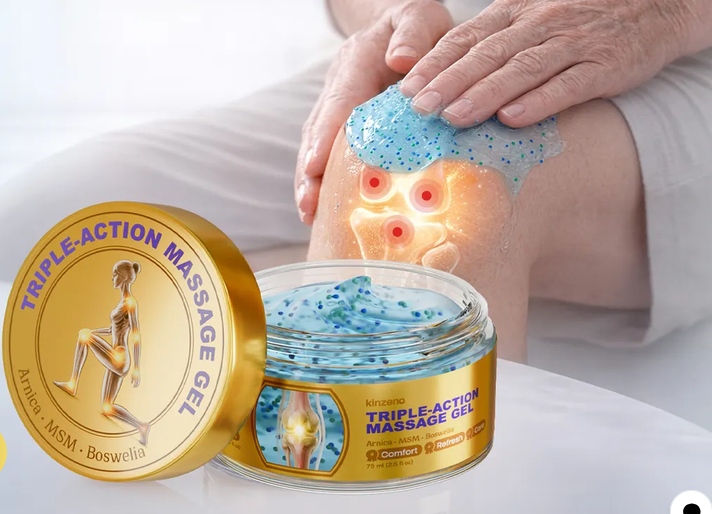 Kinzeno Triple-Action Massage Gel jar and packaging